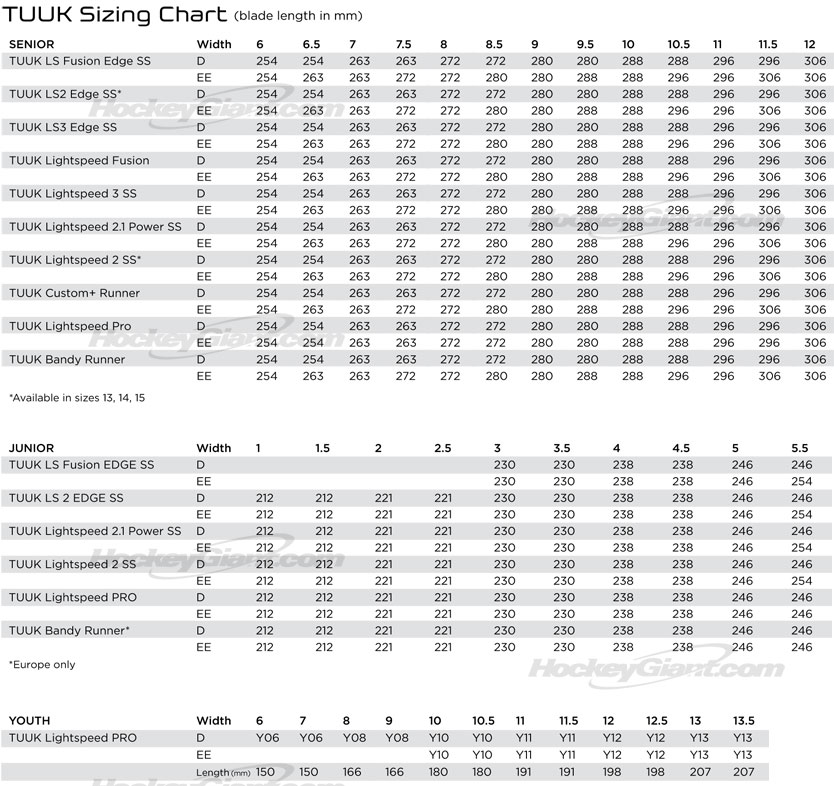 Junior Hockey Skates Size Chart