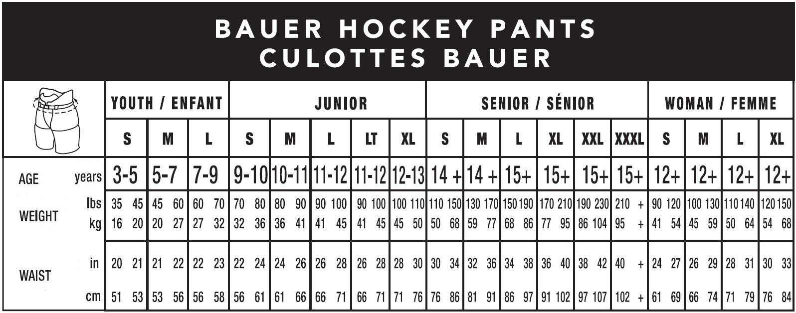 Bauer Pants Size Chart