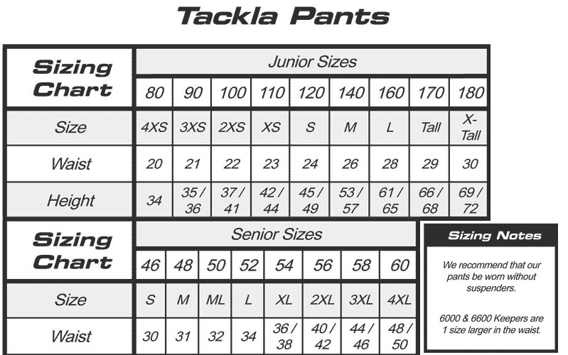 Tackla Hockey Pants Size Chart