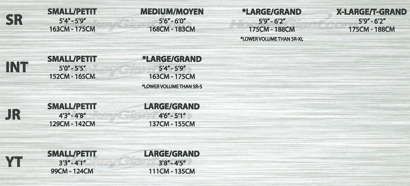 Warrior Hockey Size Chart