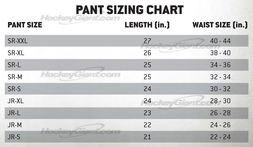Goalie Pants Sizing Chart