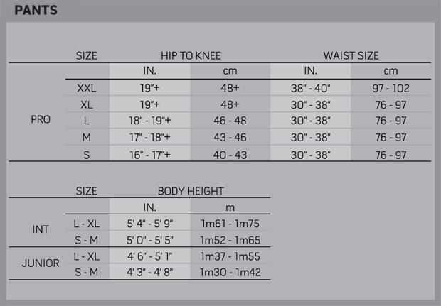 Goalie Pants Sizing Chart